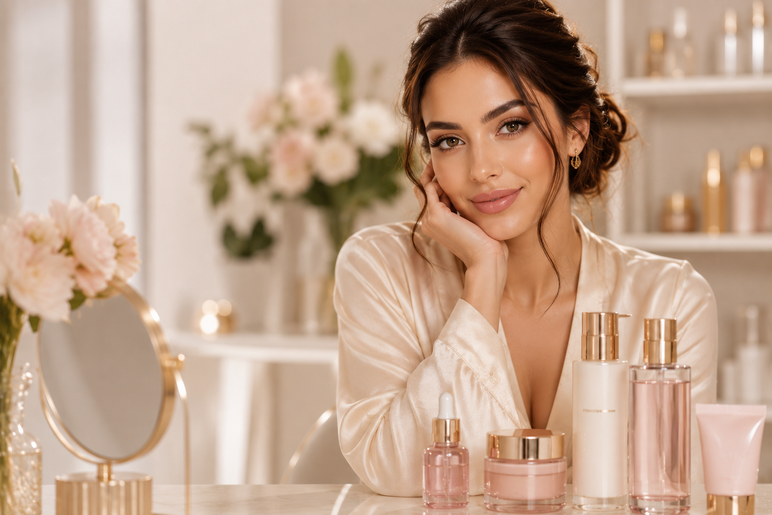 Woman enjoying her skincare routine at a pink vanity table