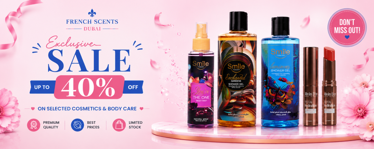 Sale banner — up to 40% off cosmetics and body care at French Scents Dubai