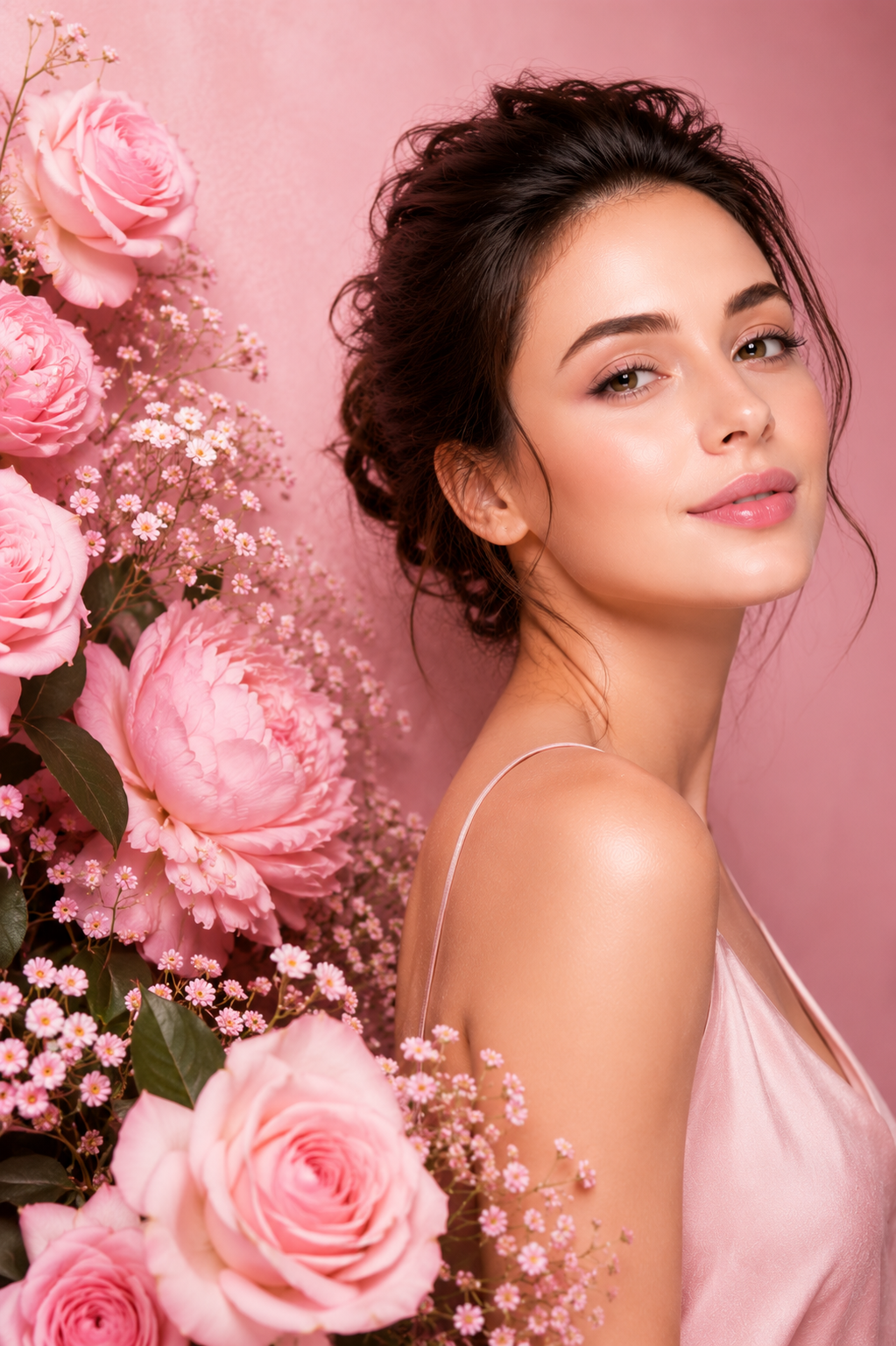 Woman with peony flowers and glowing skin — natural beauty