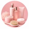 Body care cream jars and soft brush in pastel pink — Body Care category