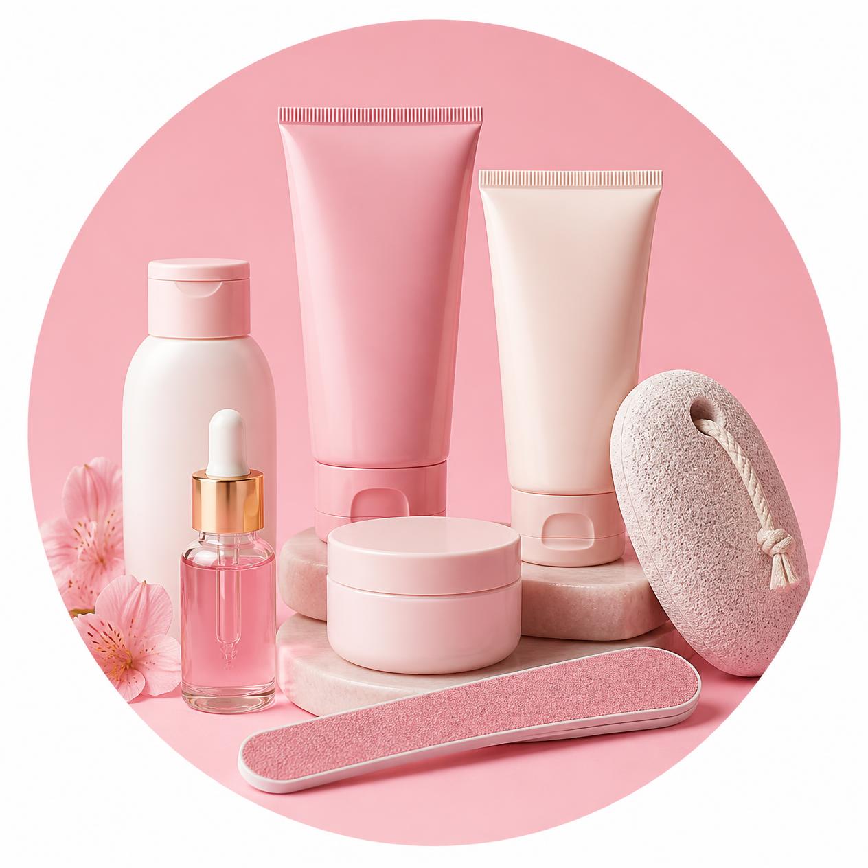 Pink skincare bottles and face care set — Face category