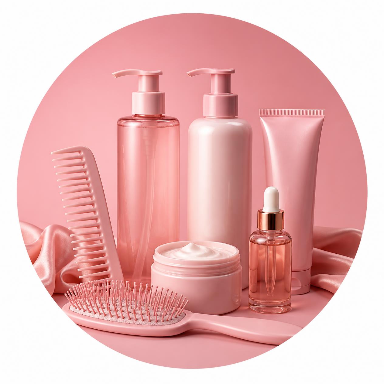 Pink shampoo bottles with comb — Hair Care category