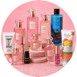 Curated skincare and cosmetics set on a blush pink circle background