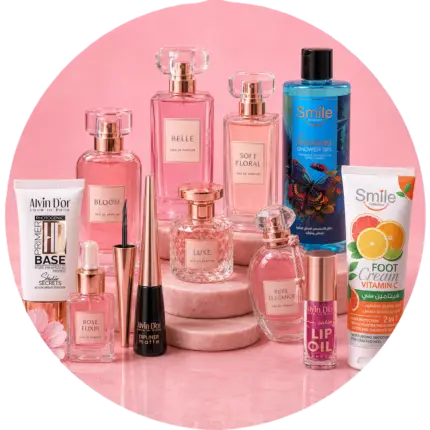 Curated skincare and cosmetics set on a blush pink circle background