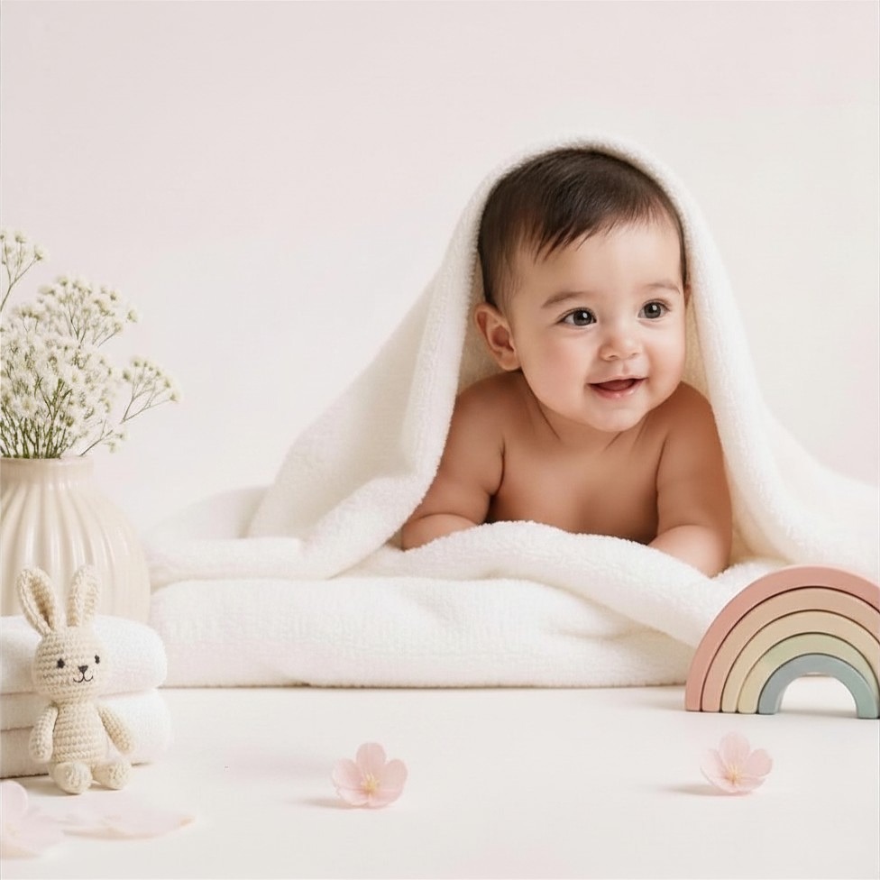 Happy baby wrapped in a soft white towel after bath time